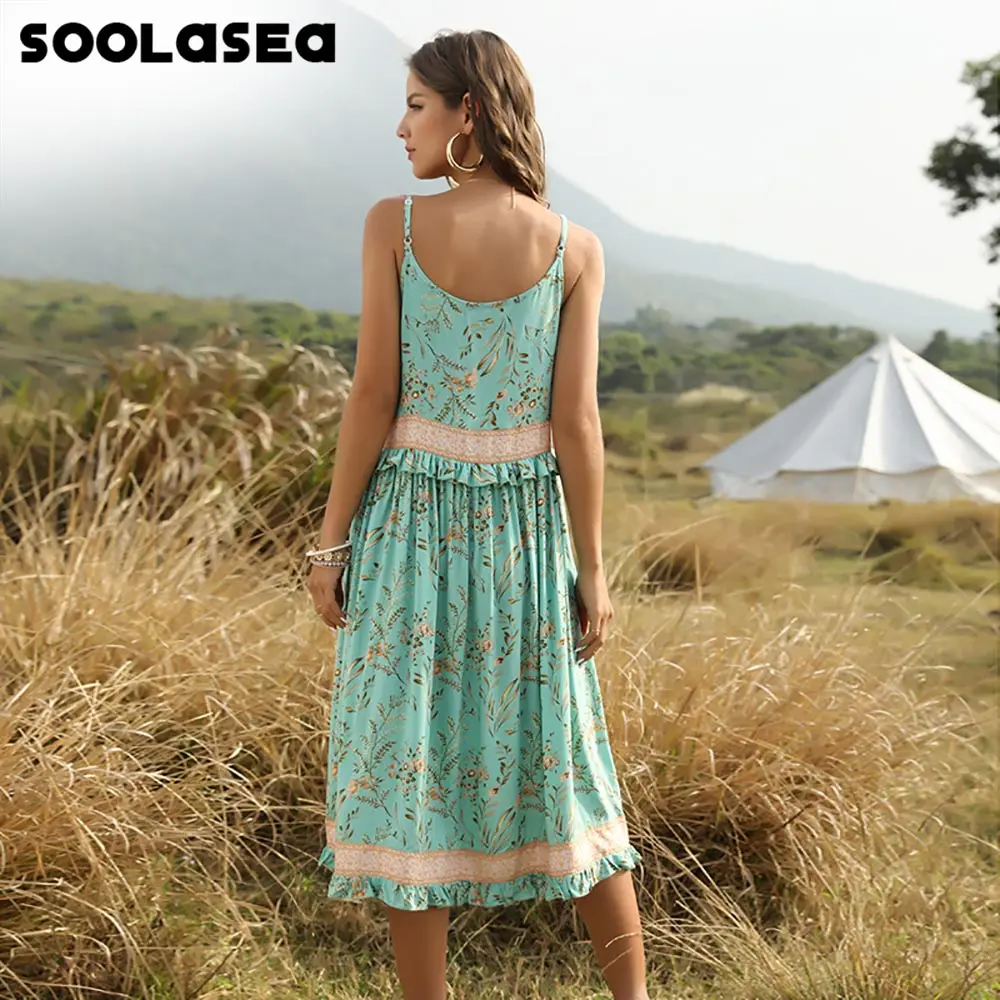 

Soolasea Summer Boho Casual Floral Spaghetti Strap Midi Dress Sleeveless Sexy Vintage Cami Vestidos Beach Women Slip Dresses