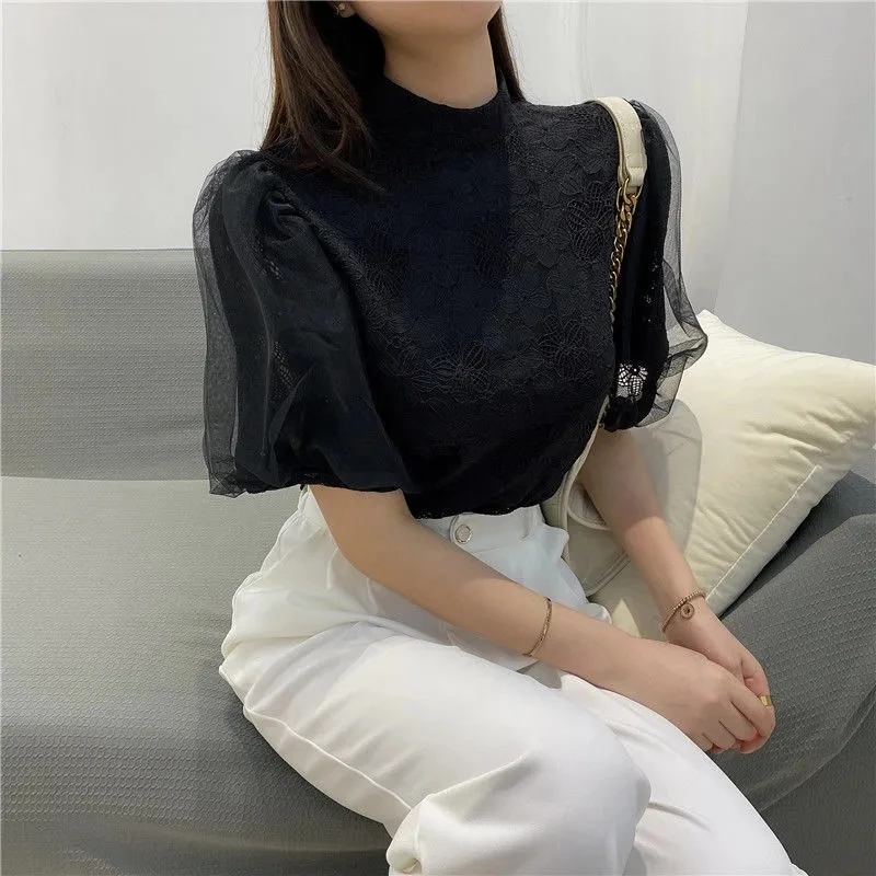 

Puff sleeve small shirt female summer design sense niche floral lace top dress mesh stitching short half-sleeved T-shirt