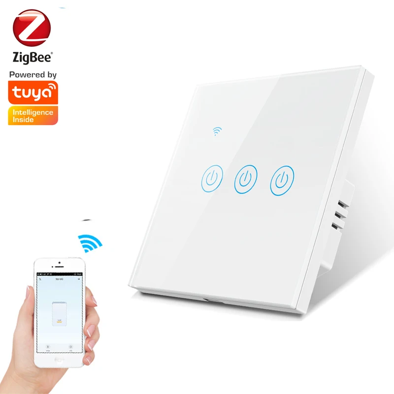 

Умный выключатель Tuya Zigbee, не нейтральный/с нейтральной стеклянной панелью, сенсорный светильник ель европейского стандарта, работает с хаб ...