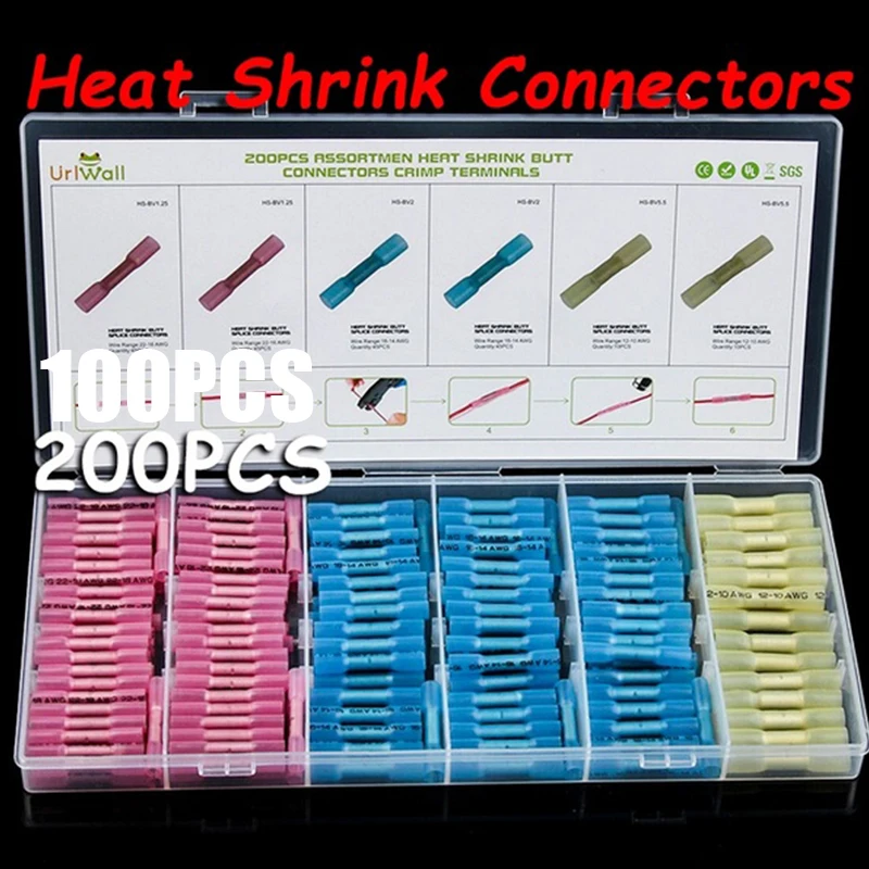 

200 шт. различные термоусадочные стыковые обжимные соединители изолированные водонепроницаемые медные PE AWG 22-10 клемм комплект с пластиковой ...