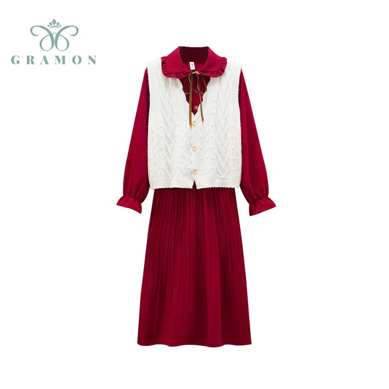 

Plus Size 2 Piece Set Suit Knitted Vest +Red Long Sleeved Dress 4XL Women Clothes New Fashion Casual 2021 Autumn Fashion Outfits