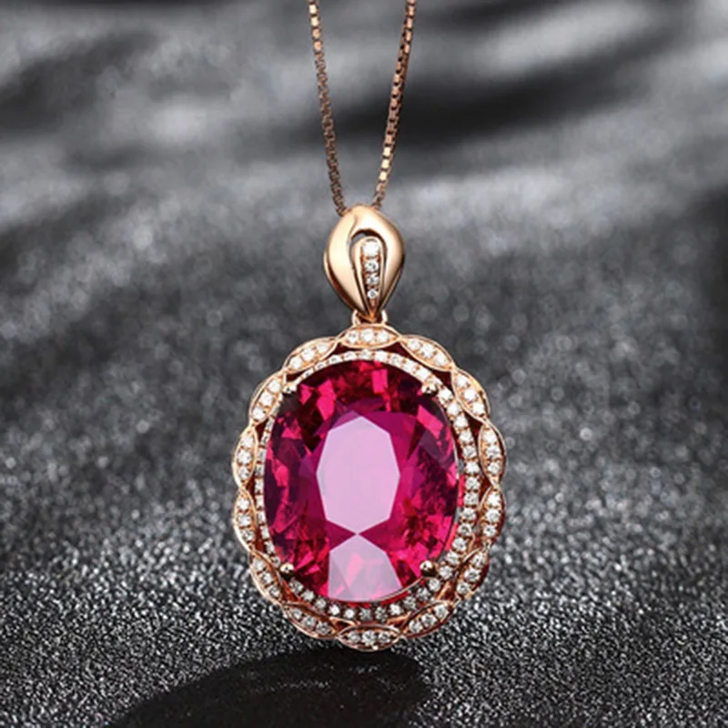 

Luxury Charm Oval Pendant Necklace Inlay Red Oversize Zircon Geometry Rose Golden Jewelry For Women Wedding Anniversary Choker