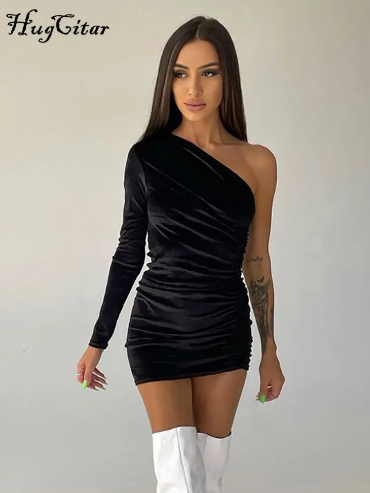 Hugcitar 2021 осень зима одно плечо с длинным рукавом сплошное ДРАПИРОВАННОЕ