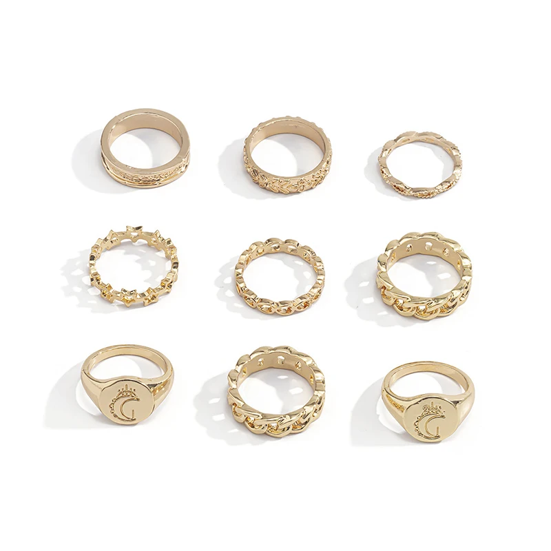 

Women Fashion Hollow Moon Combination Ring Personality Alloy 9pcs Ring Jewelry, Free Shipping