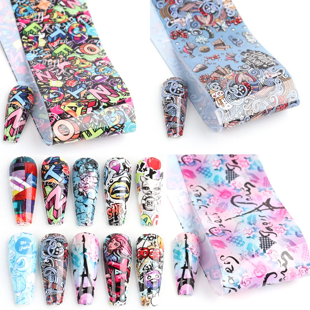 

NEW 10PCS Transfer Foil For Nails Cute Graffiti Nail Art Design Adhesive Sticker Wraps Letters Decals Manicure Accessories