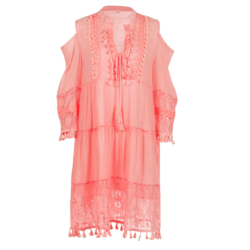 Платье в стиле Boho-Chic с v-образным вырезом, женское однотонное Летнее льняное платье с кисточками в богемном стиле, платье с длинным рукавом размера плюс, женские платья