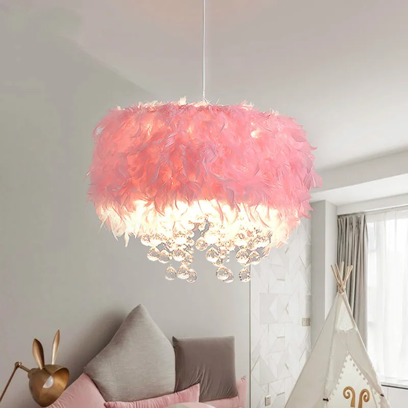 Чистая красная Детская перьевая подвесной светильник E27 Led кристалл Droplight для девочек и мальчиков Спальня Розовый перо Подвесная лампа детское освещение