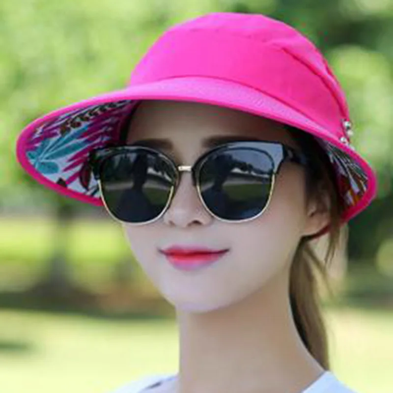 

Dihope New Arrival UV Protection Women Summer Beach Sun Hats Pearl Packable Sun Visor Hat With Big Heads Wide Brim Female Cap