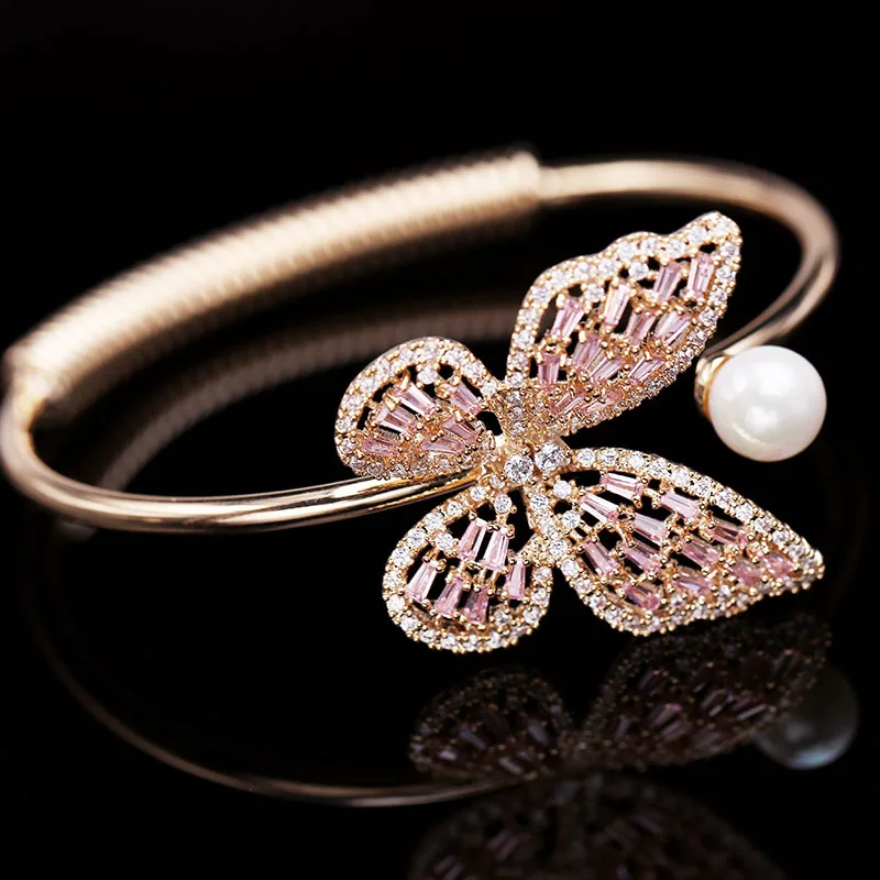 

Fashion Hollow Shining Zircon Bangle Pearl Butterfly Open Bracelet Adjustable Female