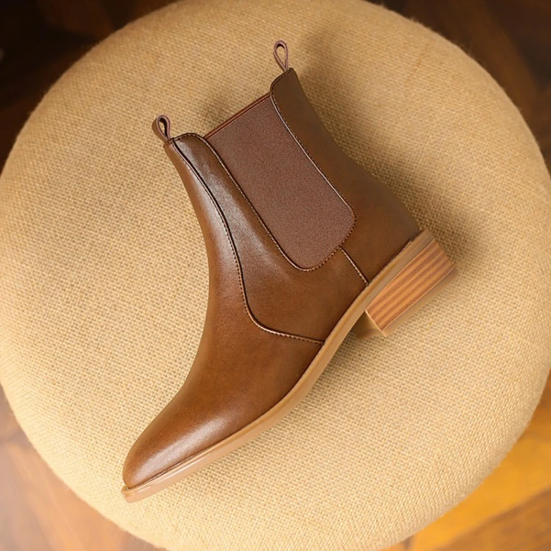 

SIMLOVEYO качественные женские ботильоны челси с круглым носком на низком каблуке из коровьей кожи без застежки европейские размеры 34-42 коричневые осенние для отдыха S2621