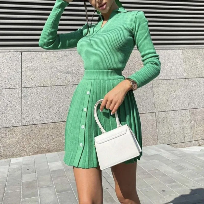Женский трикотажный костюм мини плиссированная юбка пуловер Модный облегающий