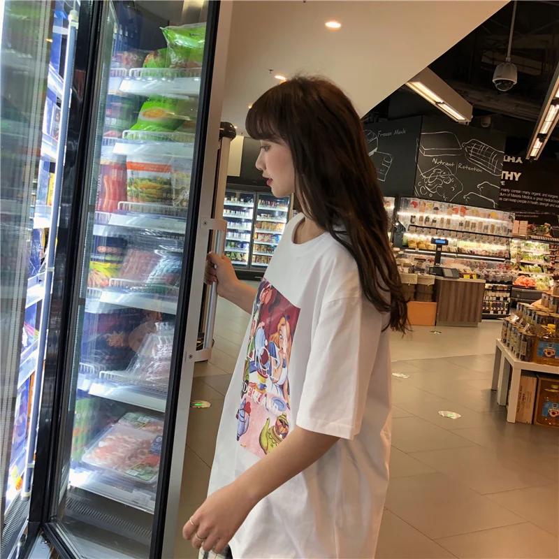 

Oversize Short Sleeve T-Shirt Women Round Collar Sweet Girl Cute Cartoon Top Korean Student Kawaii Casual Streetwear 2021 Summer