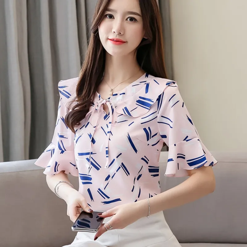 Корейские шифоновые блузки женская блузка с принтом топы для женщин v образный