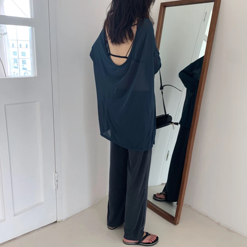 Весна-лето Женская шикарная свободная футболка с открытой спиной + широкие брюки