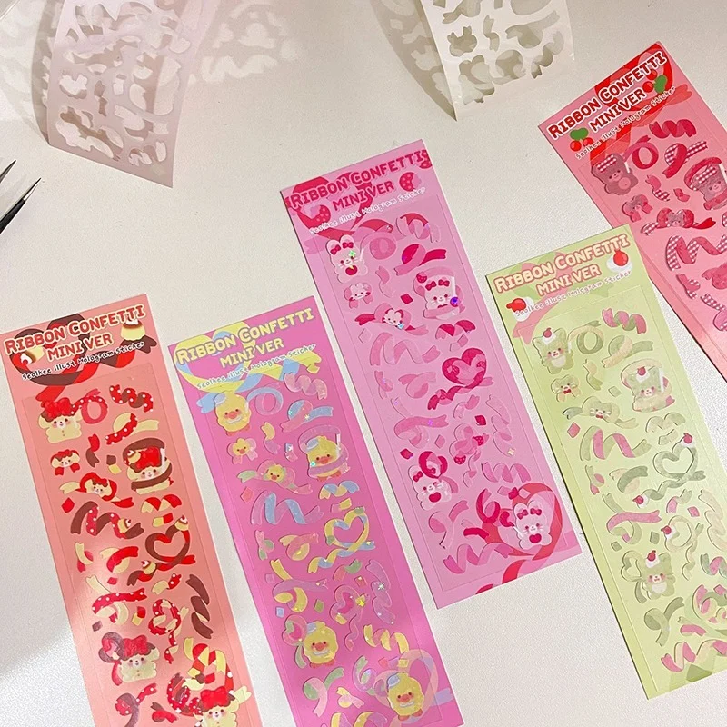 

Cute Ribbon Bear Rabbit Laser Stickers Hand Account Creative Happy Plan Scrapbooking Decoration Kawaii Korean Stationery Sticker