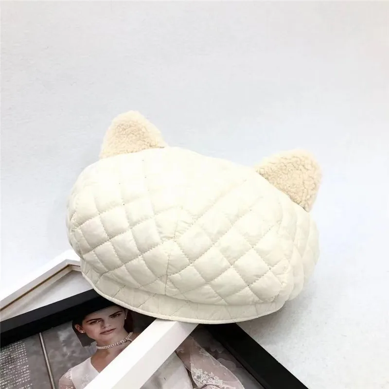 

2021 Spring New Cat Ears Cotton Ladies Fashion Hat Lattice Straight Hat Outdoor Leisure Foldable Travel Female Hat