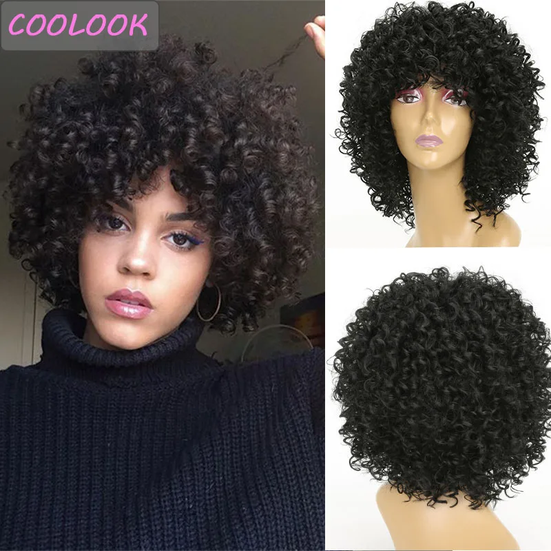 

Afro Kinky Curly Wigs for Women 12 Inch Short Afro Curls Wig with Bangs African American Synthetic Fibre False Hair Cosplay Wigs