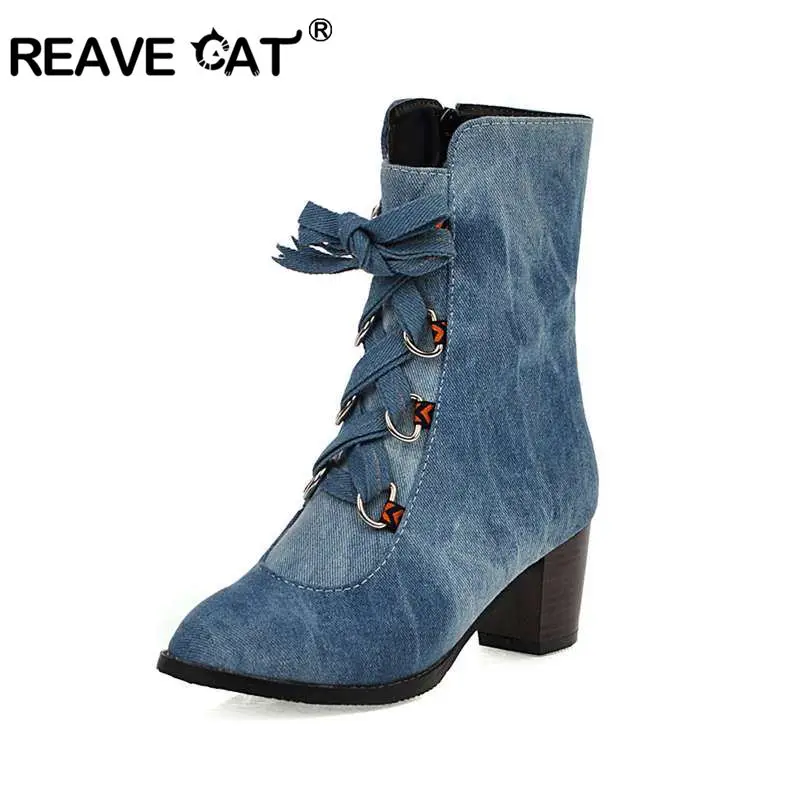 

REAVE CAT big size 46 mid heel zipper boots women cross tied high heels shoes woman blue cowboy ankle boots booties lady shoes