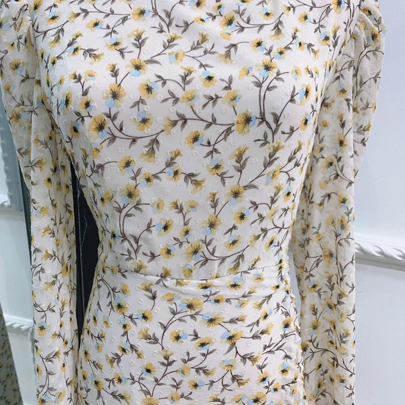 

Women Muslim Floral Print Long Sleeve Maxi Dress Slim Fit Irregular Ruched Ramadan Eid Abaya Dubai Turkey Islamic Clothing E56F