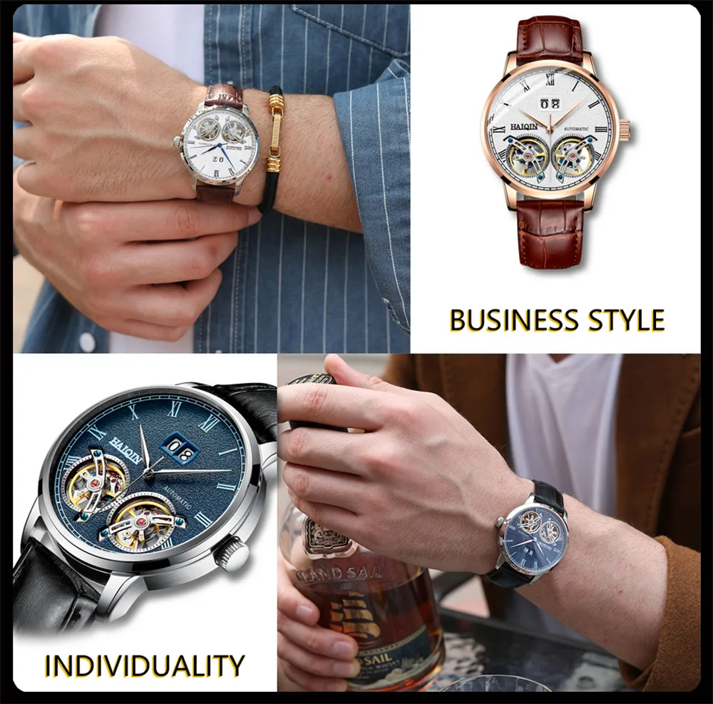 HAIQIN Men Mechanical Automatic Double Tourbillon Calendar Stainless Steel Wrist Watches Top Brand Luxury Military Male Clock