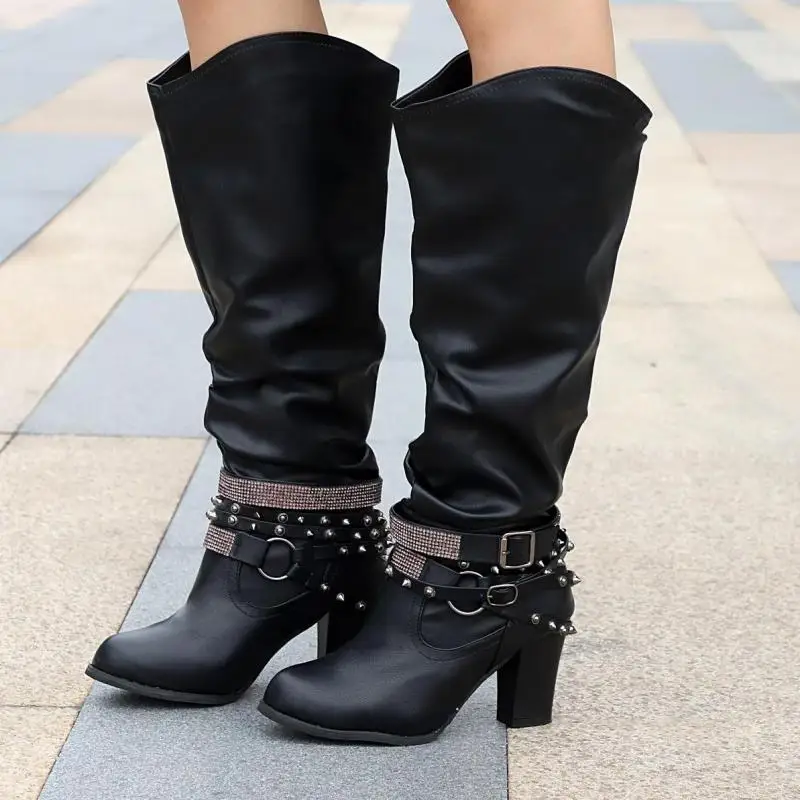Women Knee High Boots  Low Heels Booties Plus Size Gladiator Pu Leather Knight Shoes Woman