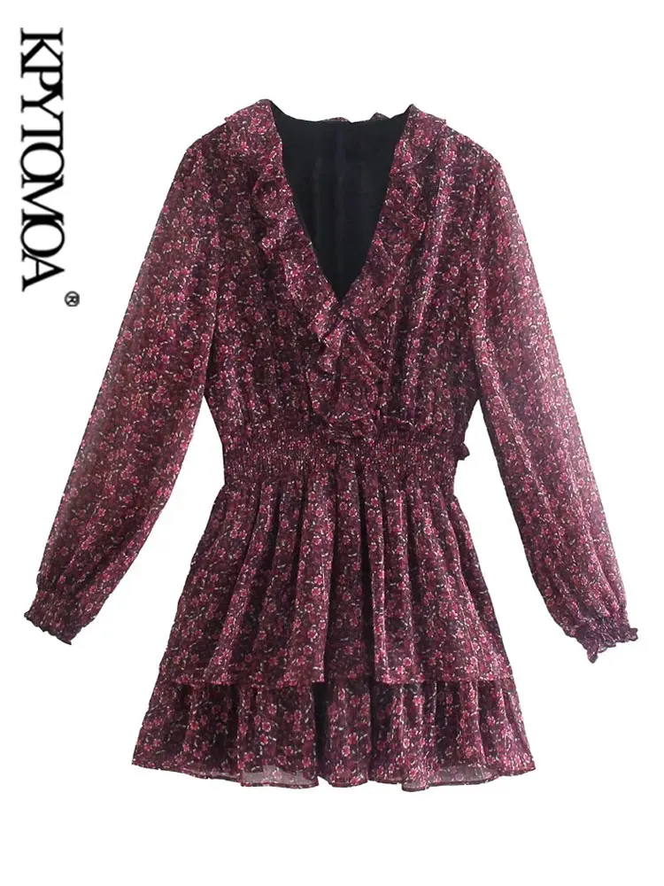 

KPYTOMOA Women Fashion Printed Metallic Thread Ruffled Mini Dress Vintage Long Sleeve Smocked Waist Female Dresses Vestidos