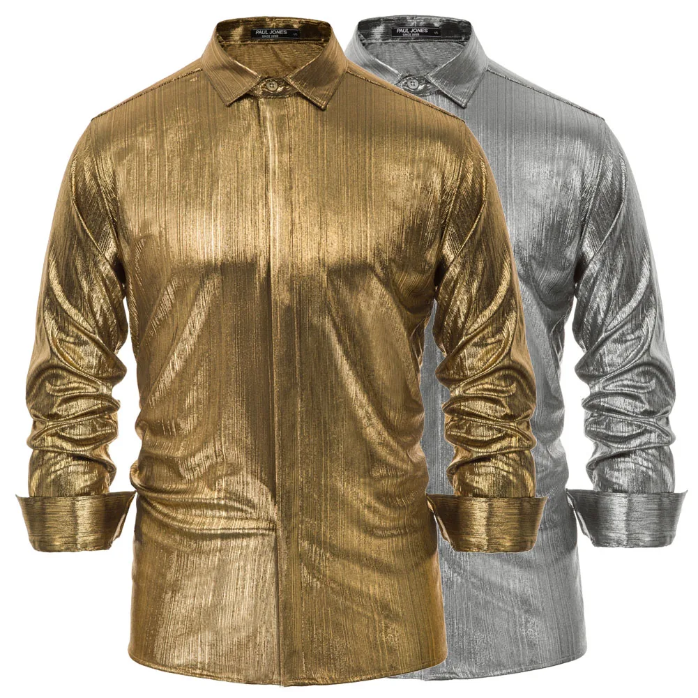Мужские рубашки одежда новая блестящая металлическая рубашка топы потайная