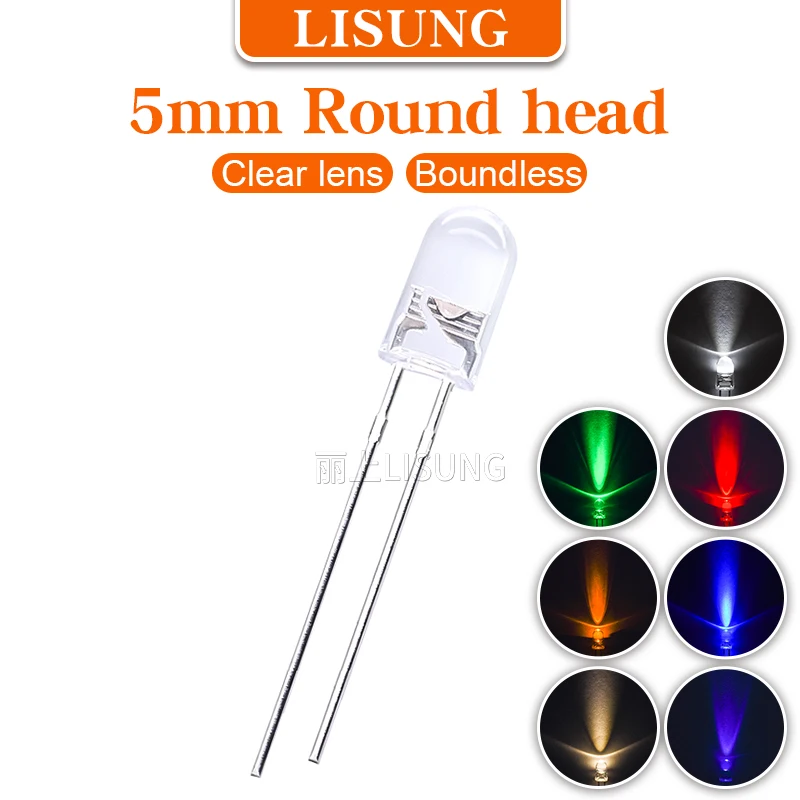 

1000pcs/bag 5mm Led water Clear Lens Round Boundless White Red Yellow Blue Green UV Led Diodes Through Hole keyboard Lamp Kit