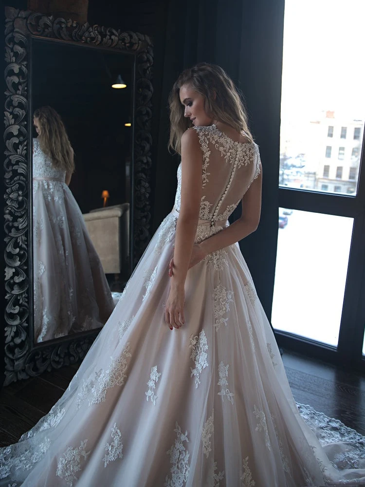 Лори Кружева Свадебные платья Бохо 2019 без рукавов цвета шампанского тюлевые