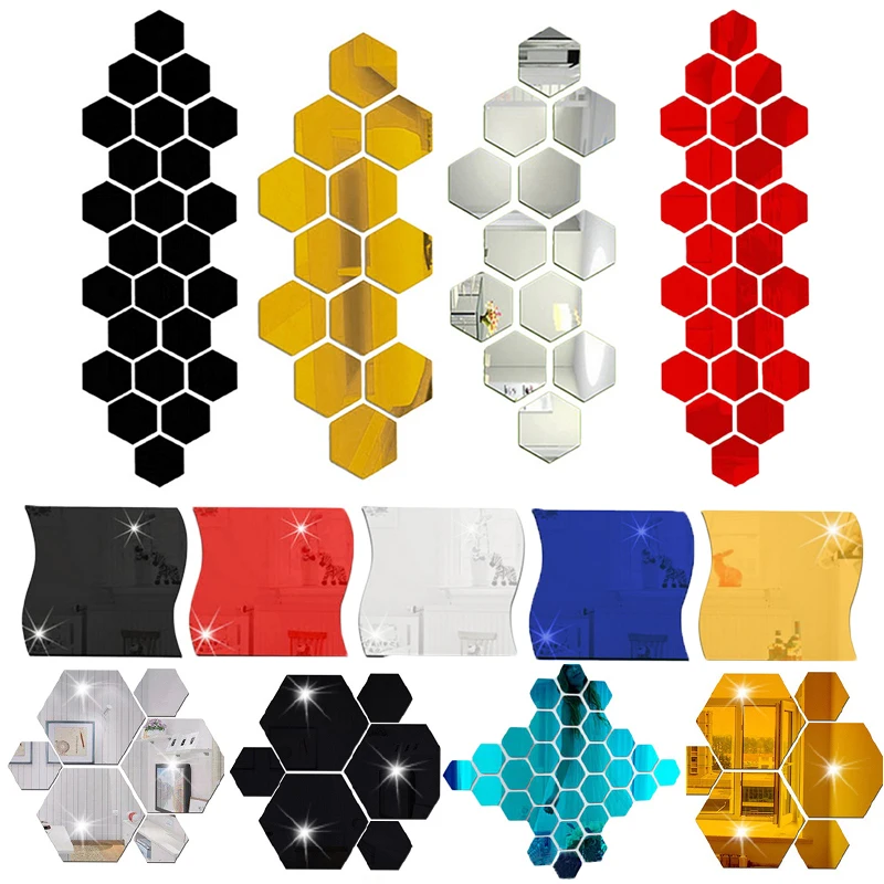 12 шт./компл. 3D шестигранные акриловые зеркальные настенные наклейки DIY
