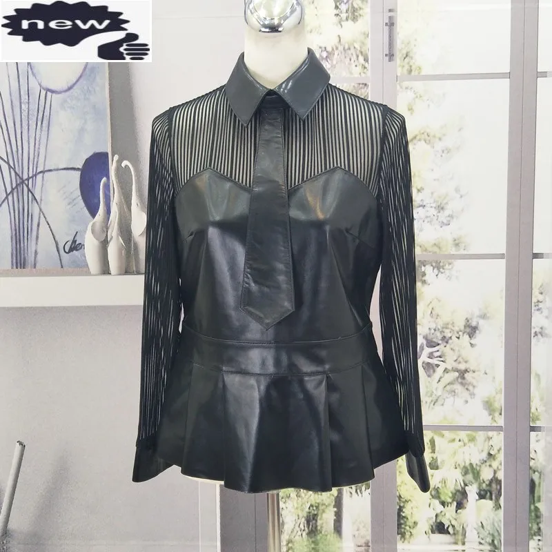 100% Genuine Leather Long Sleeve Patchwork Lace Shirts Women Office Lady Slim Black Sheepskin Blouse Spring Short Shirt M-3XL