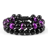 2pcs men shiny black natural stone beaded bracelets multicolor tiger eye stone obsidian onyx beads bracelets women yoga jewelry