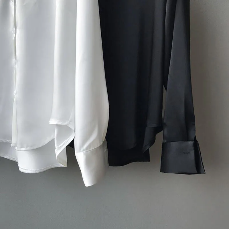 

Elegant Satin Silk Women Shirt Spring Autumn Vintage Turn Down Collar Long sleeve White Blouse Office Ladies Shirt Tops