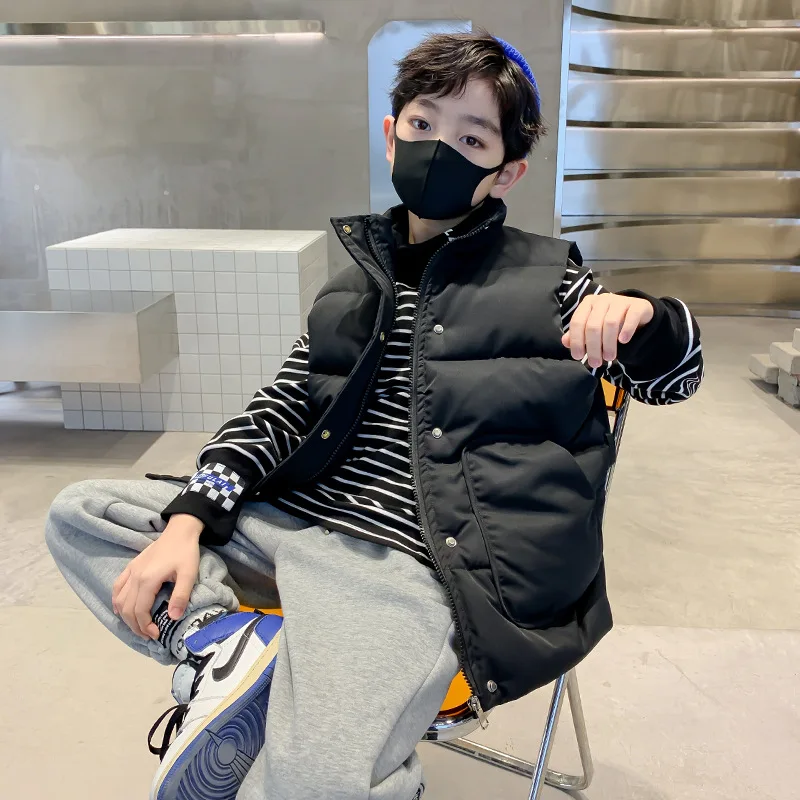 

2022 White Black Vest Teen Kids Zip High Collar Windproof Jacket Boys Waistcoat Cotton Padded Sleeveless Parka Children New Tops