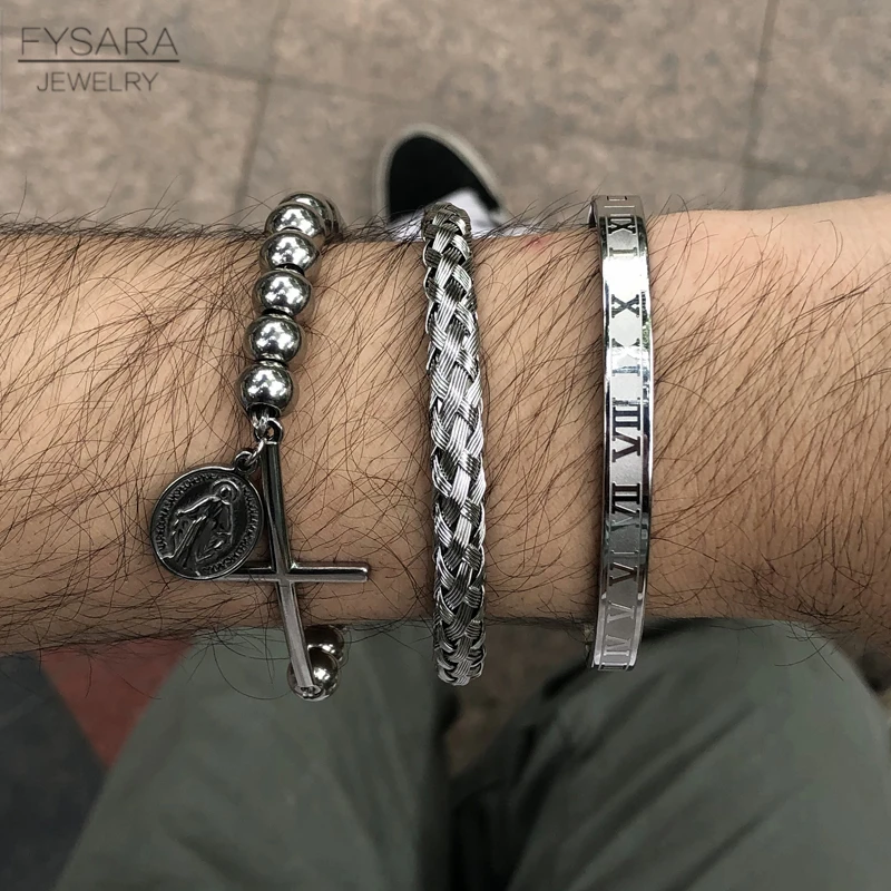 FYSARA Нержавеющая сталь Новинка! Фигурные бусины с Крест Тег Набор браслетов