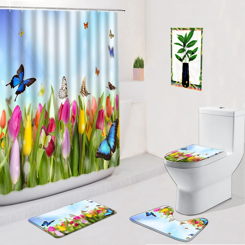 

Flower Butterfly Bathroom 4 Pcs Set Shower Curtains Home Supplies Decor Non-Slip Flannel Carpet Bath Mat Door Pad Toilet Cover