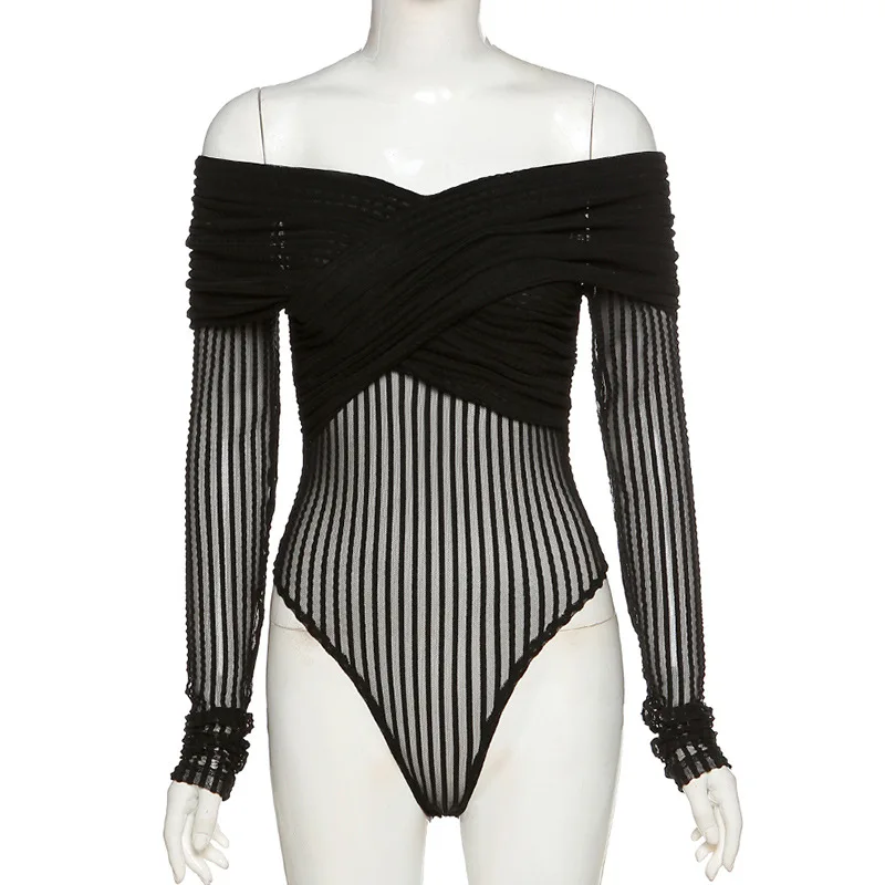 

Elegant Fashion Jumpsuits Women Streetwear Casual Slash Long Sleeves See-Through Sexy Bodysuits Black Spring Autumn Clothes Lady