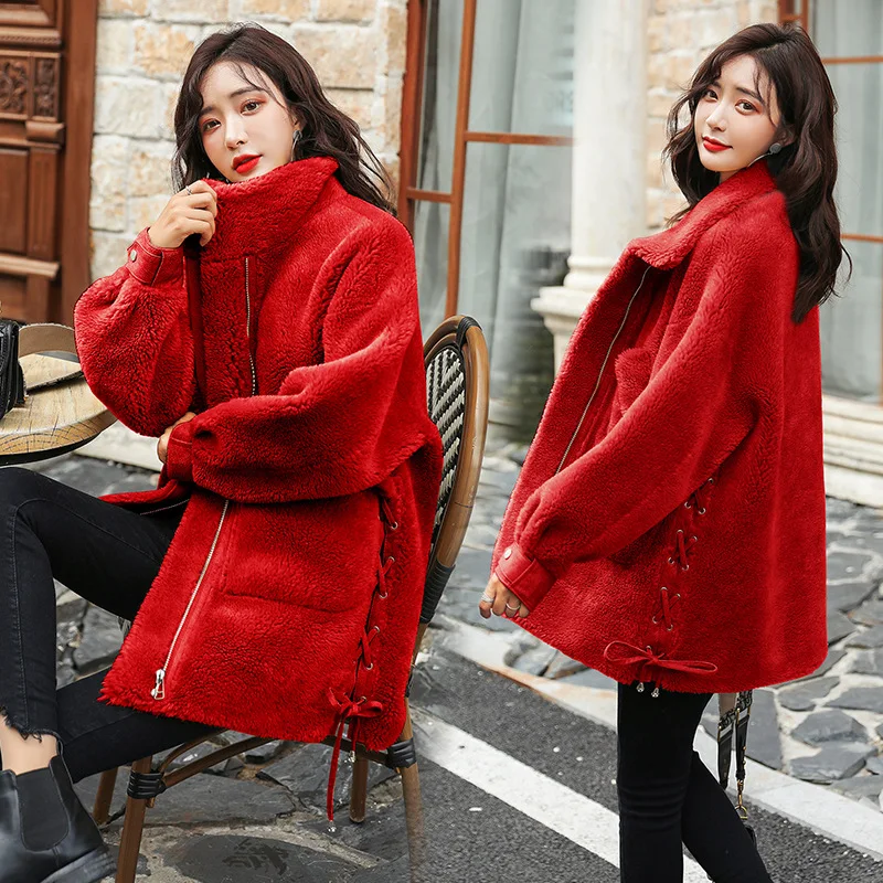 Женская куртка из овечьей шерсти зимнее свободное меховое пальто большого