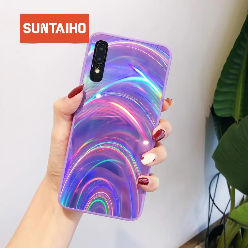 Лазерный цветной градиентный чехол из закаленного стекла для samsung a50, глянцевый силиконовый чехол a50 70 30 S8 S9 S10 Plus Note 8 9 Note 10 Pro