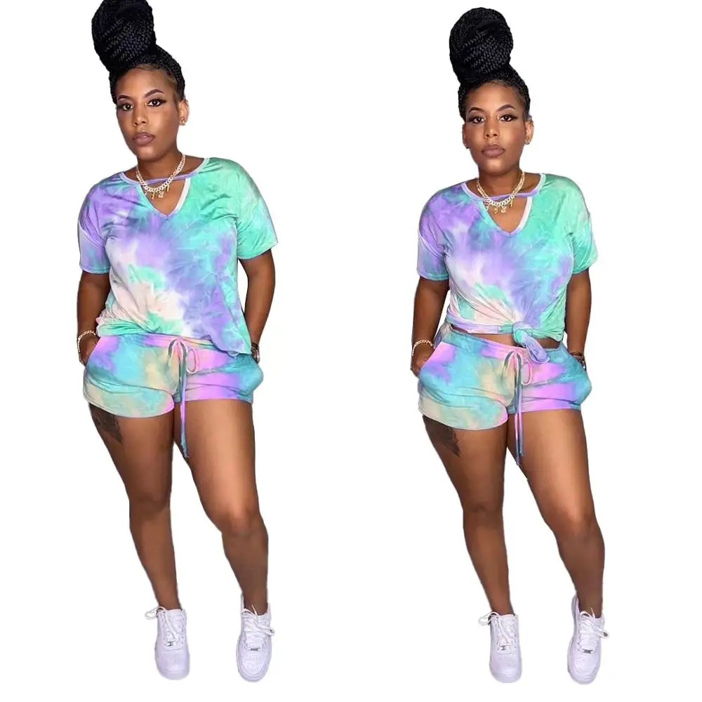 

Women's Set Sport Tie Dye Print Two Piece Set V-neck Tee Tops Shorts Suit Tracksuit Sportwear Outfit Matching Set Plus Size 2XL