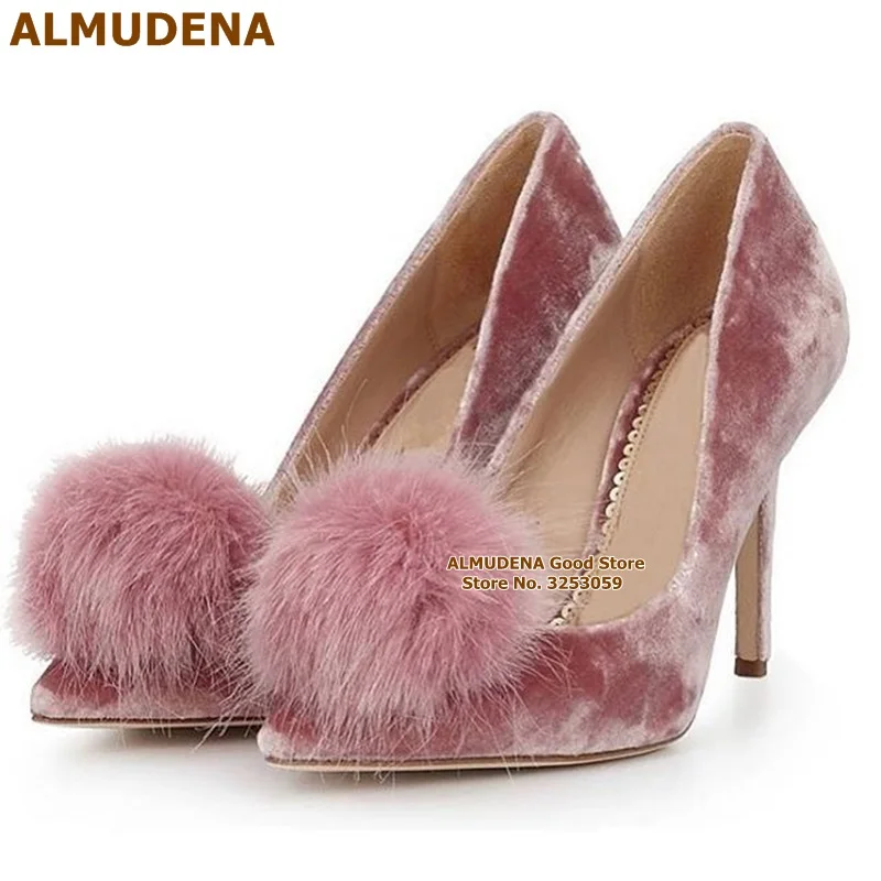 ALMUDENA Cute Big Pom Pom Wedding Shoes Olive Green Pink Velvet High Heel Pumps Slip-on Fluffy Fur Decorated Evening Prom Shoes