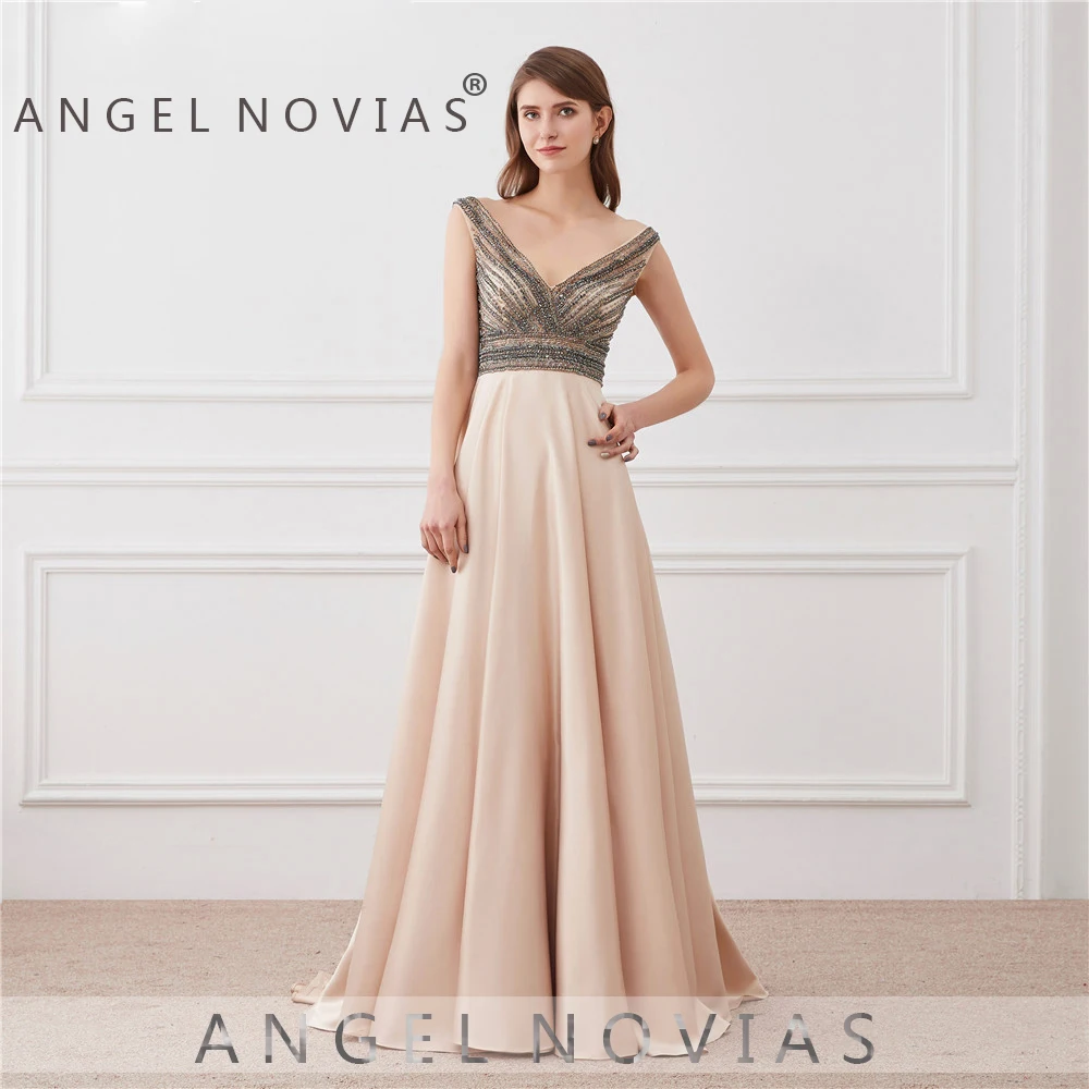 ANGEL NOVIAS длинное сексуальное вечернее платье цвета шампанского с открытой спиной шикарные блестящие платья для выпускного с бусинами