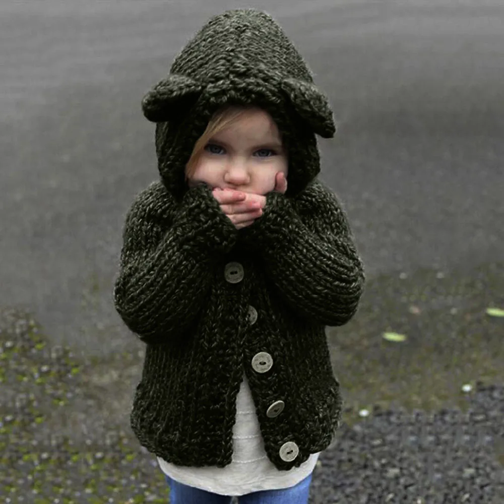 Пальто свитер для маленьких девочек однотонный вязаный кардиган с капюшоном и