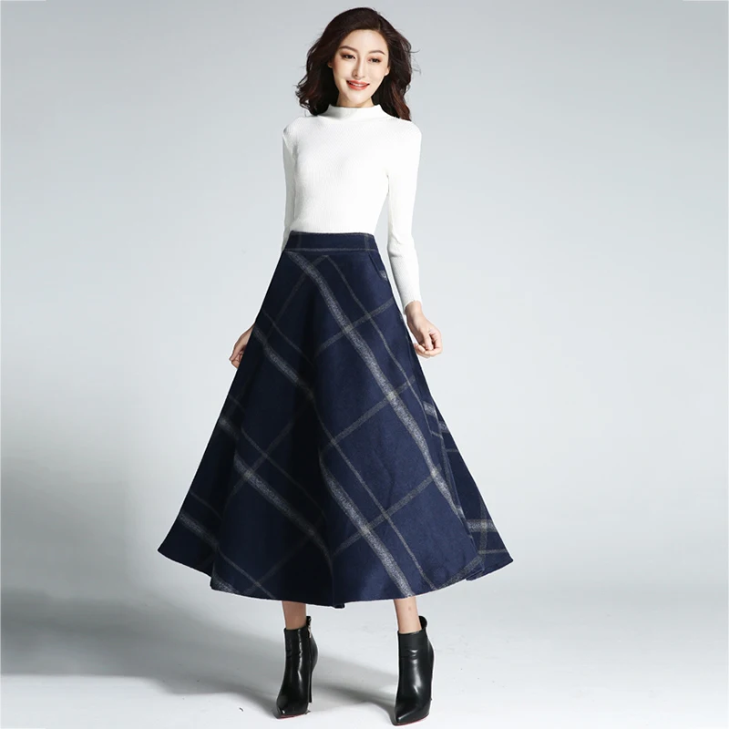 Women Skirts Autumn Winter High Waist Warm Thick Wool Blends Plaid Elegant Pleated Patchwork Chic Pocket Long Skirts Female