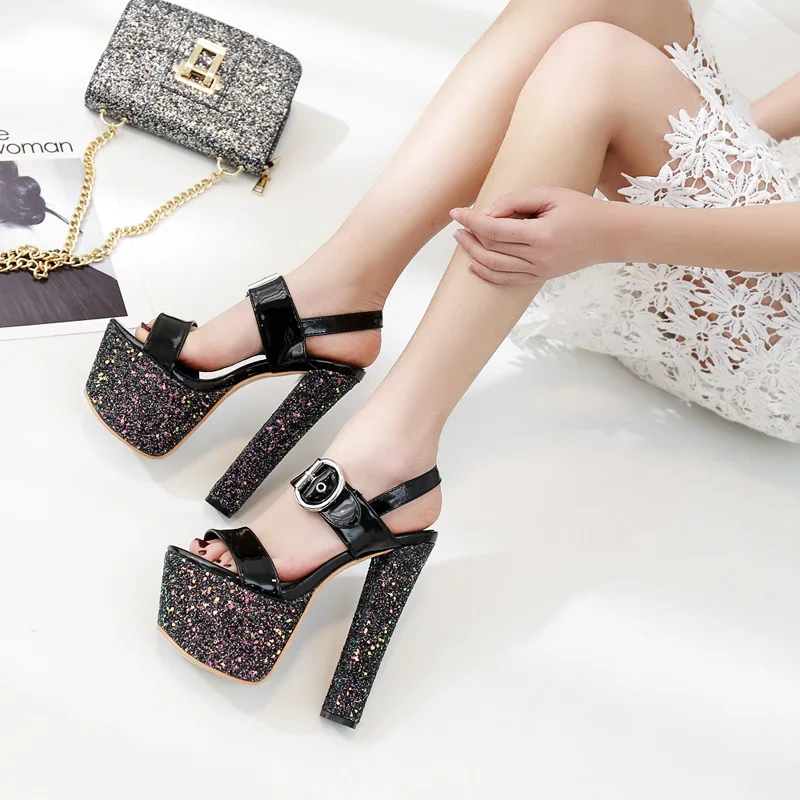 

Sexy Patent Leather Sandals Model Catwalk 17 Cm Super High Heels Fish Mouth Waterproof Platform Sequins Womens Shoes Party Pumps