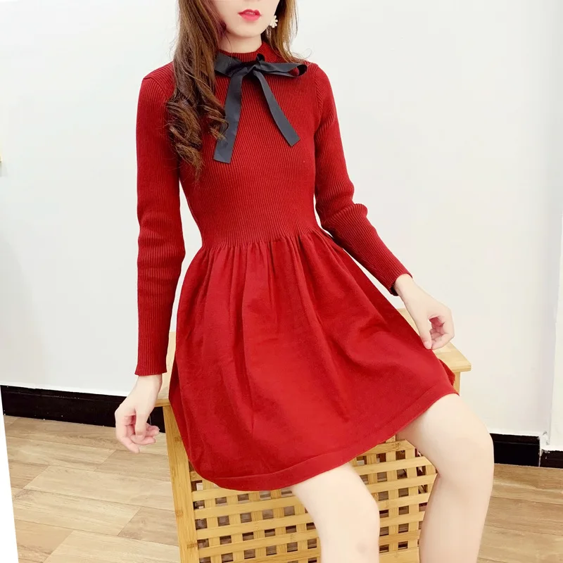 ALPHALMODA осеннее трикотажное платье с длинными рукавами и галстуком-бабочкой, милое женское платье с тонкой талией в консервативном стиле, трикотажное платье
