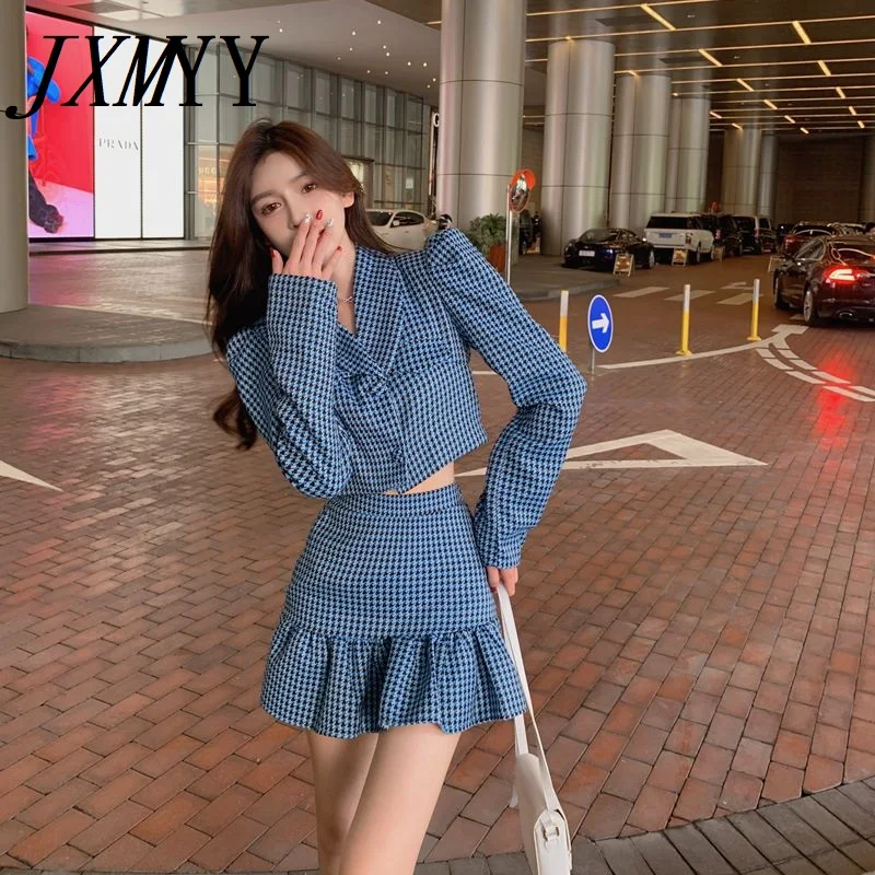 

JXMYY 2021 Autumn New Houndstooth Suit Fashion And Elegant Temperament Retro Fried Street Suit Women