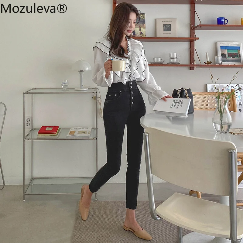 Осенние винтажные однобортные женские джинсовые брюки-Капри из денима с высокой