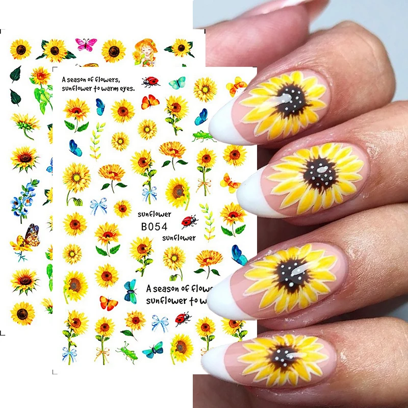 

3D-Наклейки для дизайна ногтей с подсолнухами, бабочками, маргаритками, цветами, листьями, декор для ногтей, Гель-лак, весенние наклейки, обер...