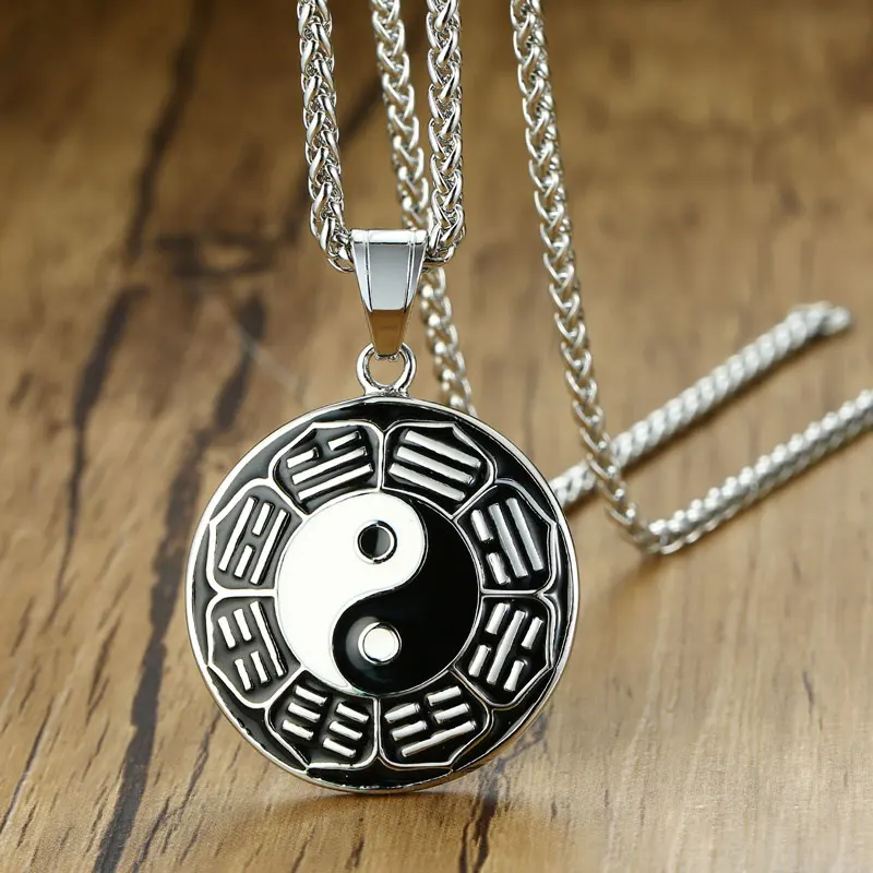 Classic Stainless Steel Epoxy Chinese Style Yin Yang Circle Metal Tag Pendant Necklace Tai Chi Bagua Jewelry | Украшения и